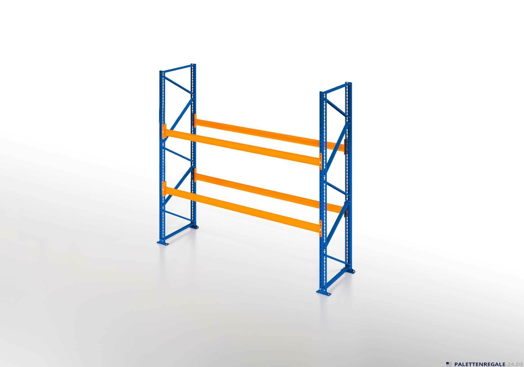 NEDCON Palettenregal Grundfeld mit 2 Lagerebenen, blaue Rahmen und orange Traversen