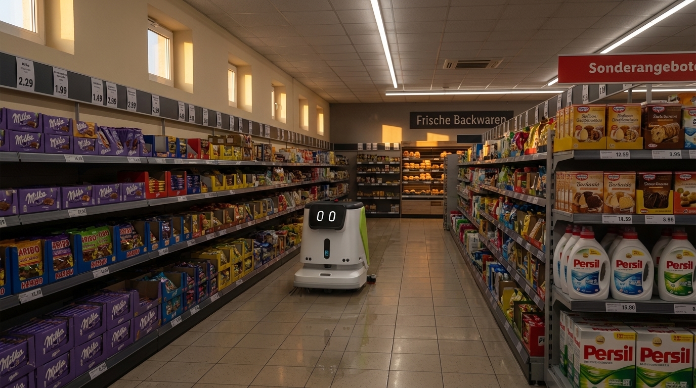 PUDU CC1 reinigt einen Gang im Supermarkt