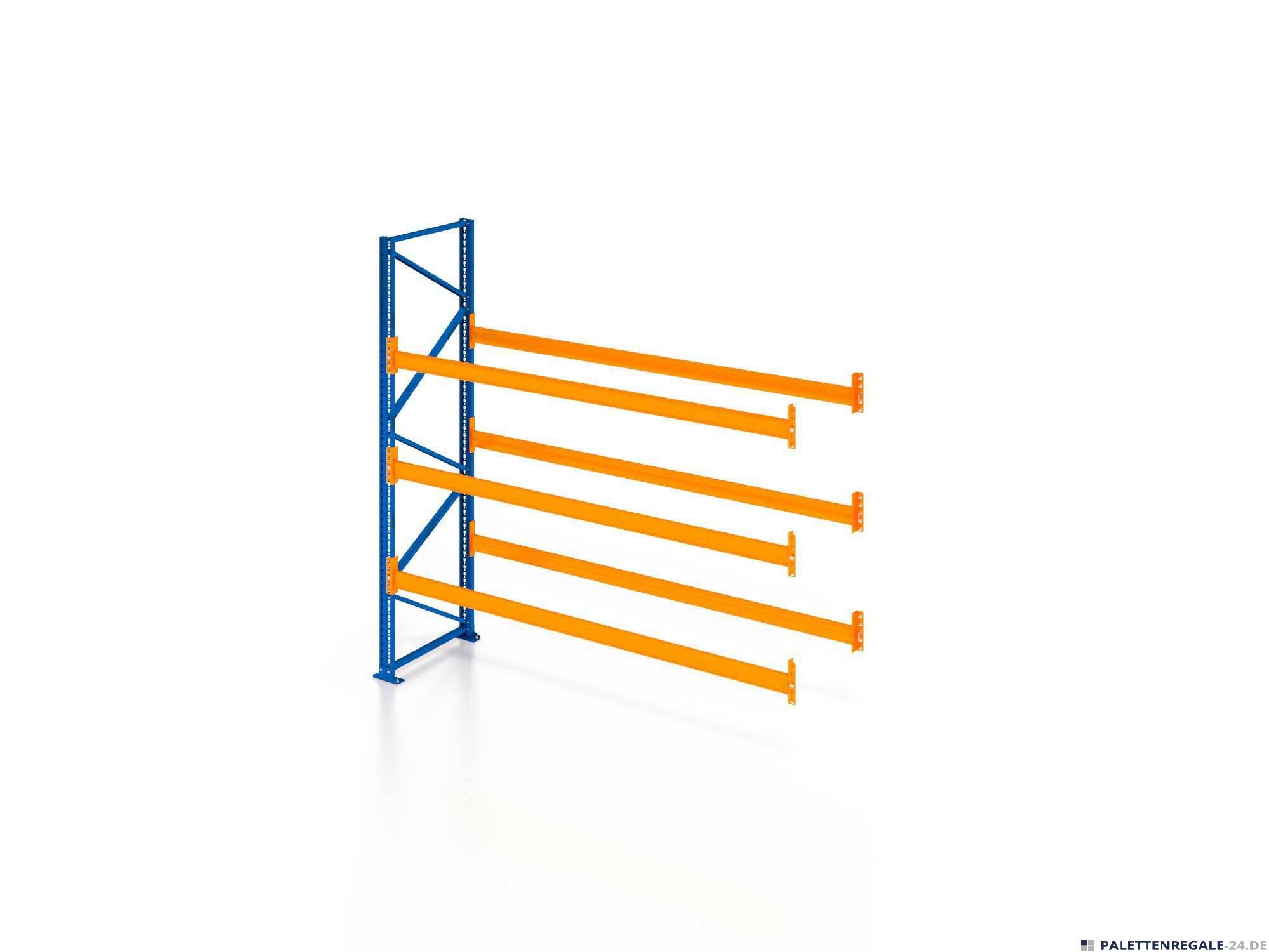 NEDCON Palettenregal Anbaufeld mit 3 Lagerebenen, blaue Rahmen und orange Traversen