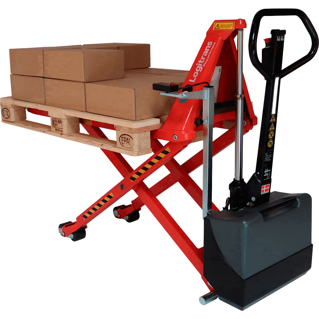 Logitrans EHL1004 elektrischer Scherenhubwagen, angehoben mit beladener Palette